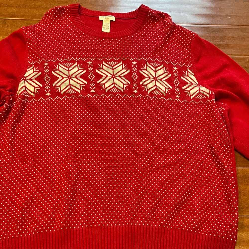 Dockers Red and White Snowflake Crewneck Sweater